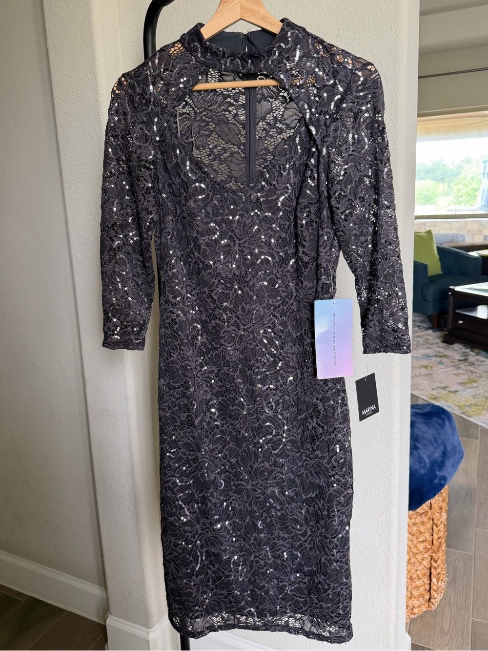 MARINA Black Sequin Lace Midi Dress 8